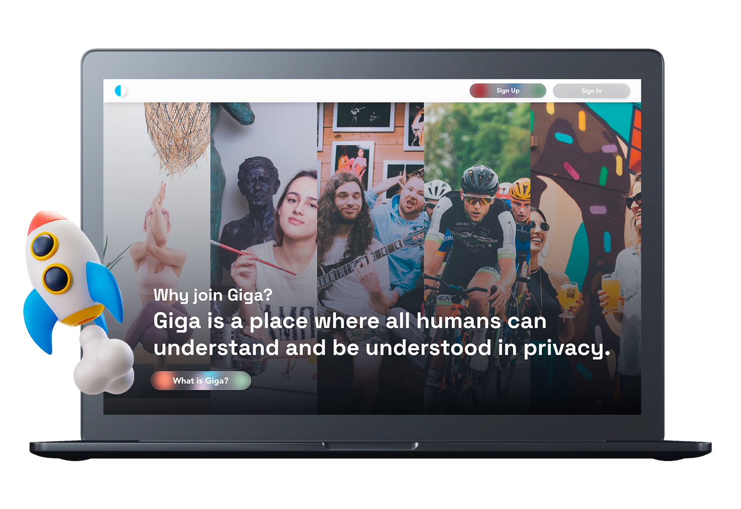 Giga landing page on a MacBook, Why join Giga?