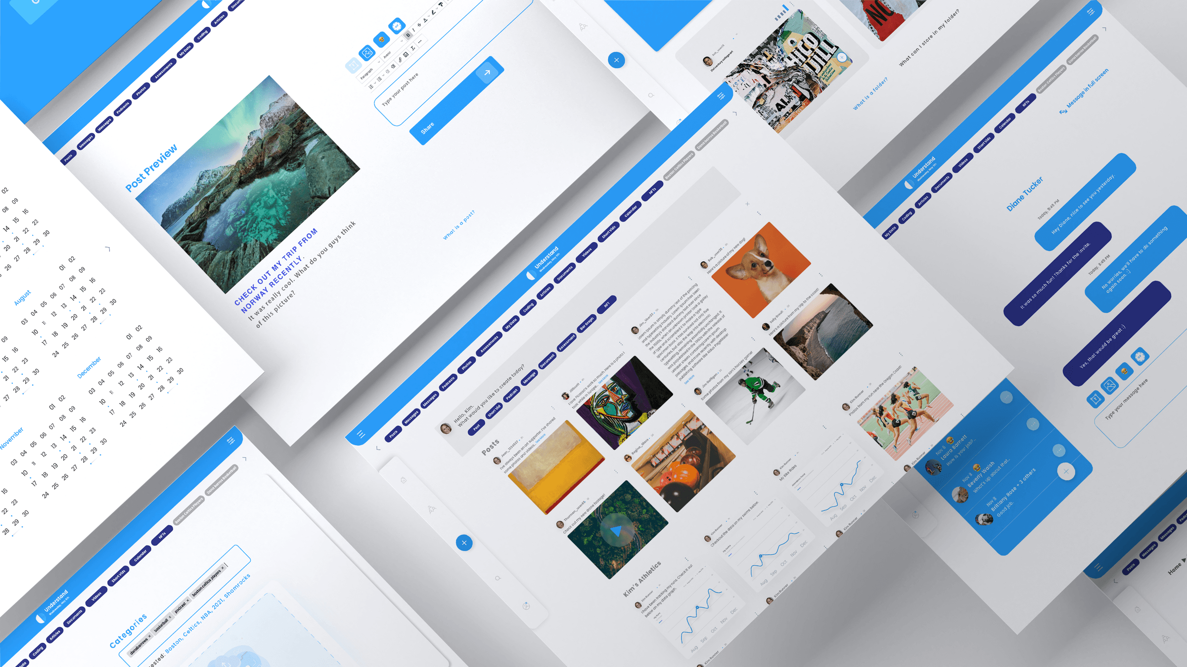 Isometric grid of Giga V1 social platform screens