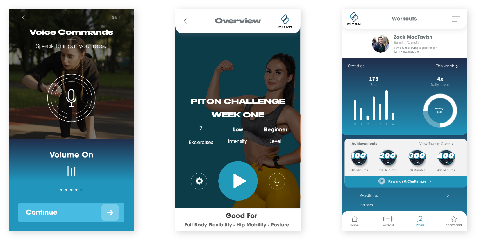 Piton app voice commands, plan overview, and profile screens