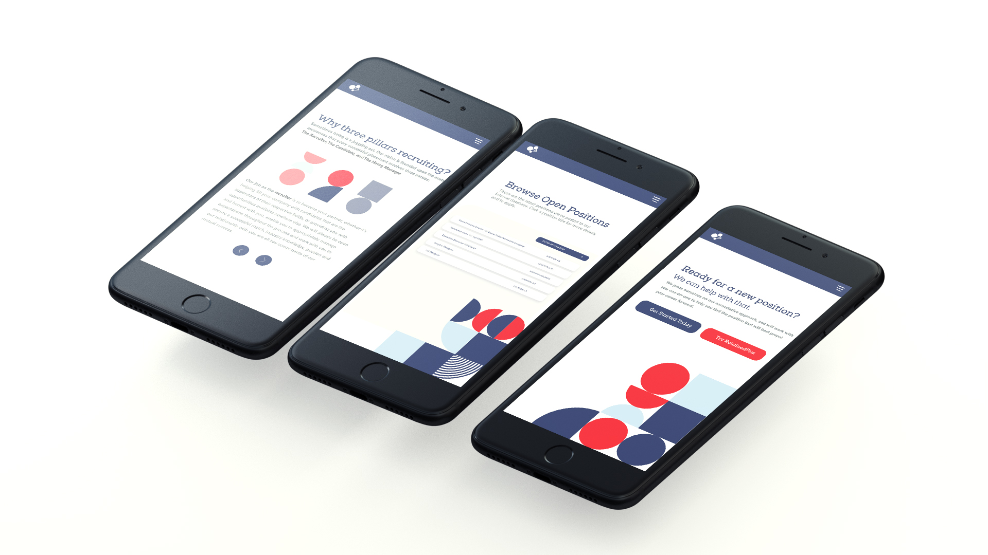 Three Pillars mobile experience on iPhone screens