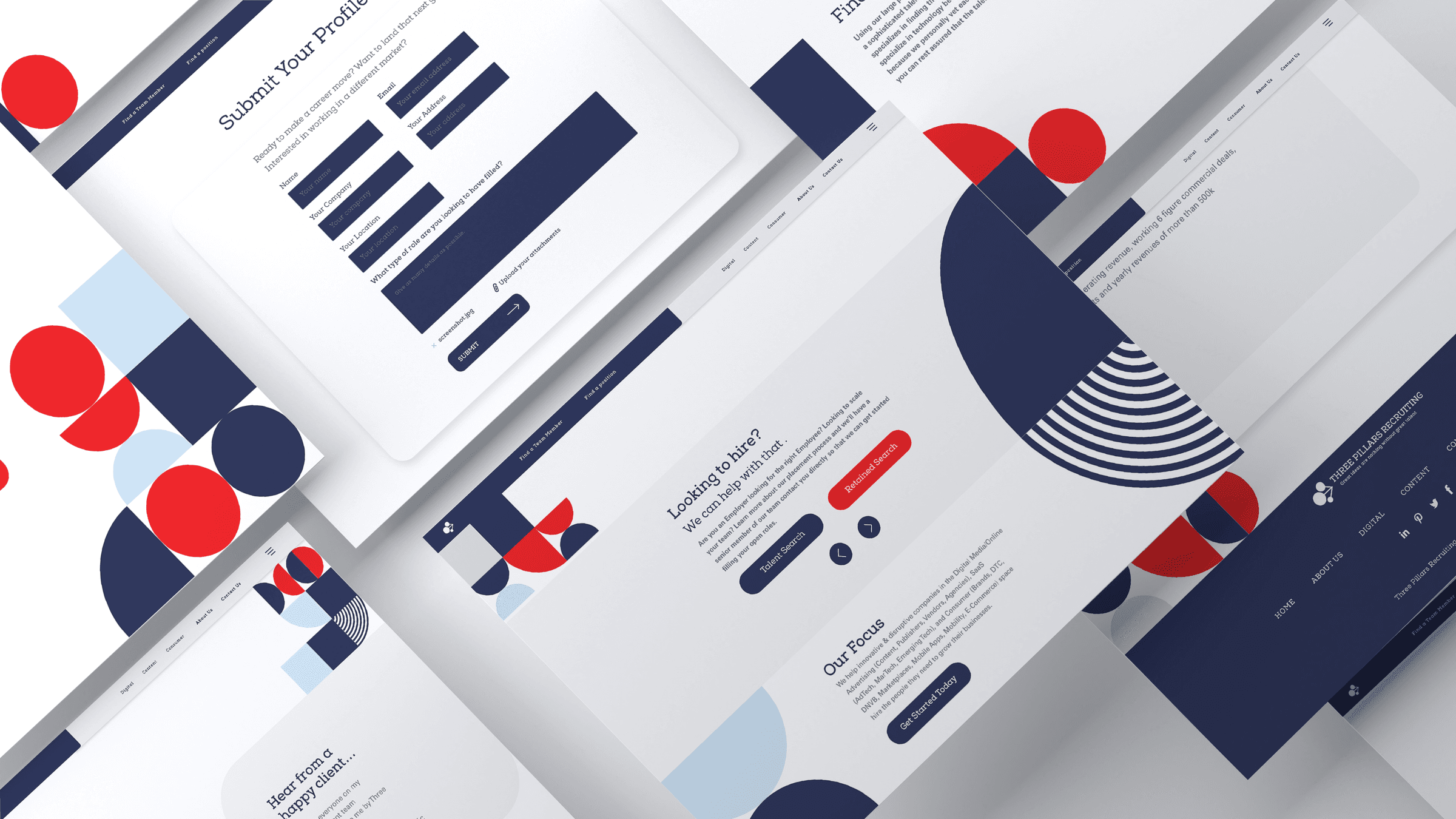 Three Pillars redesigned website page layouts