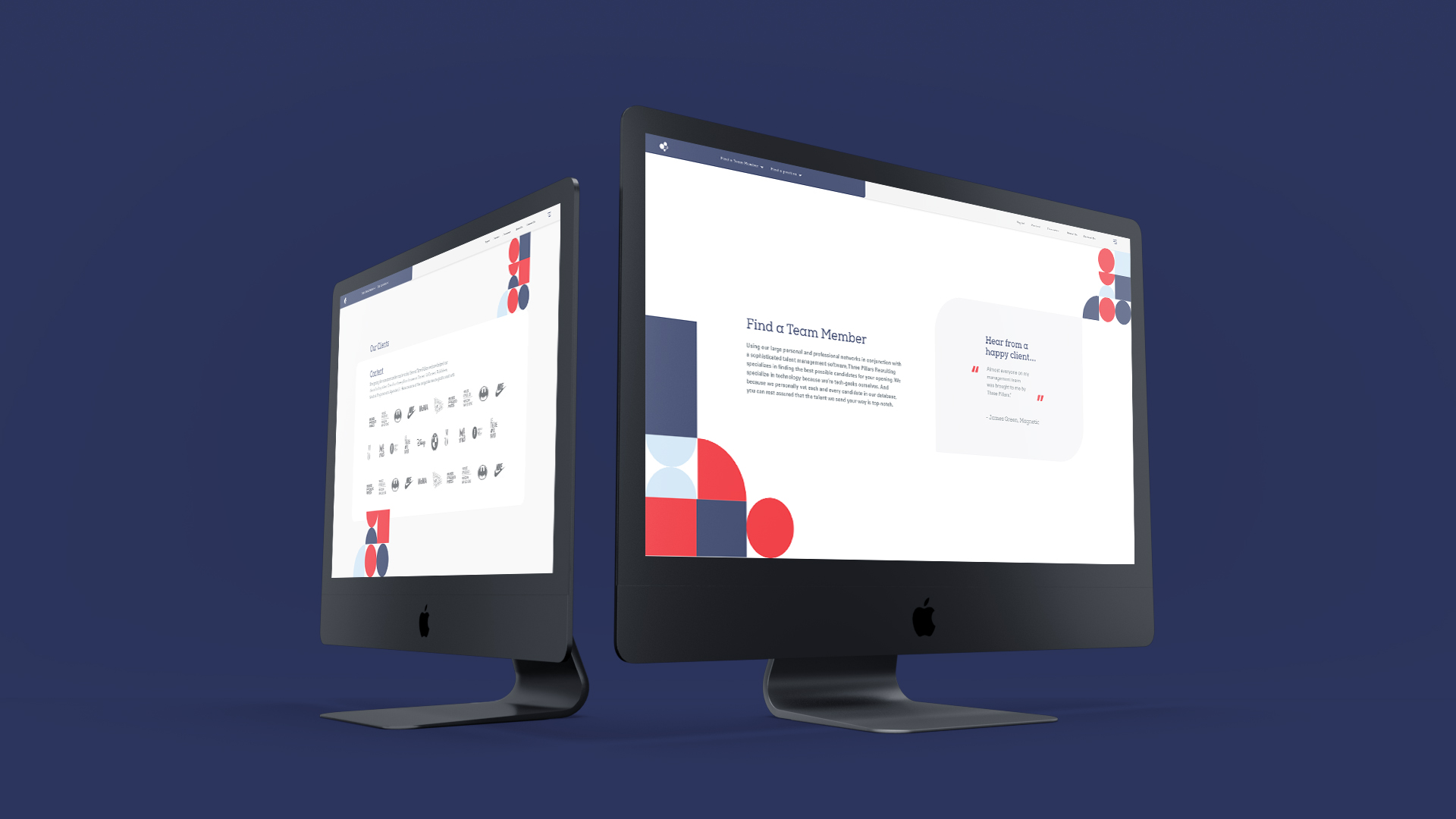 Three Pillars homepage on iMac showing palette and typography