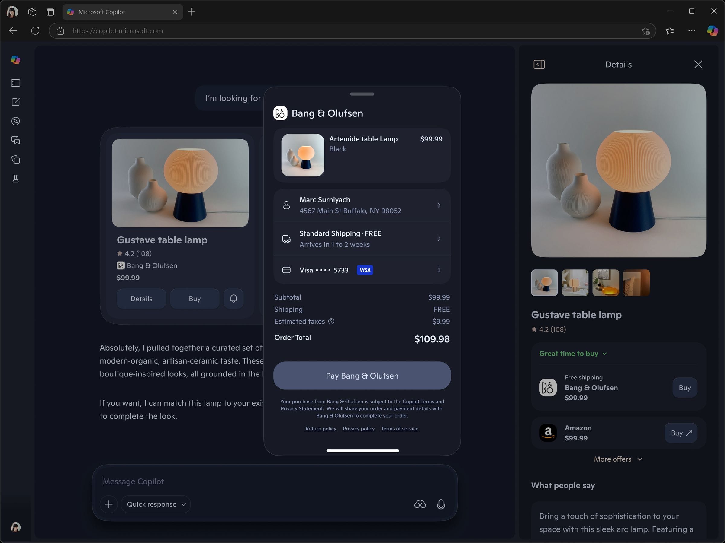 Bang & Olufsen checkout flow in dark mode