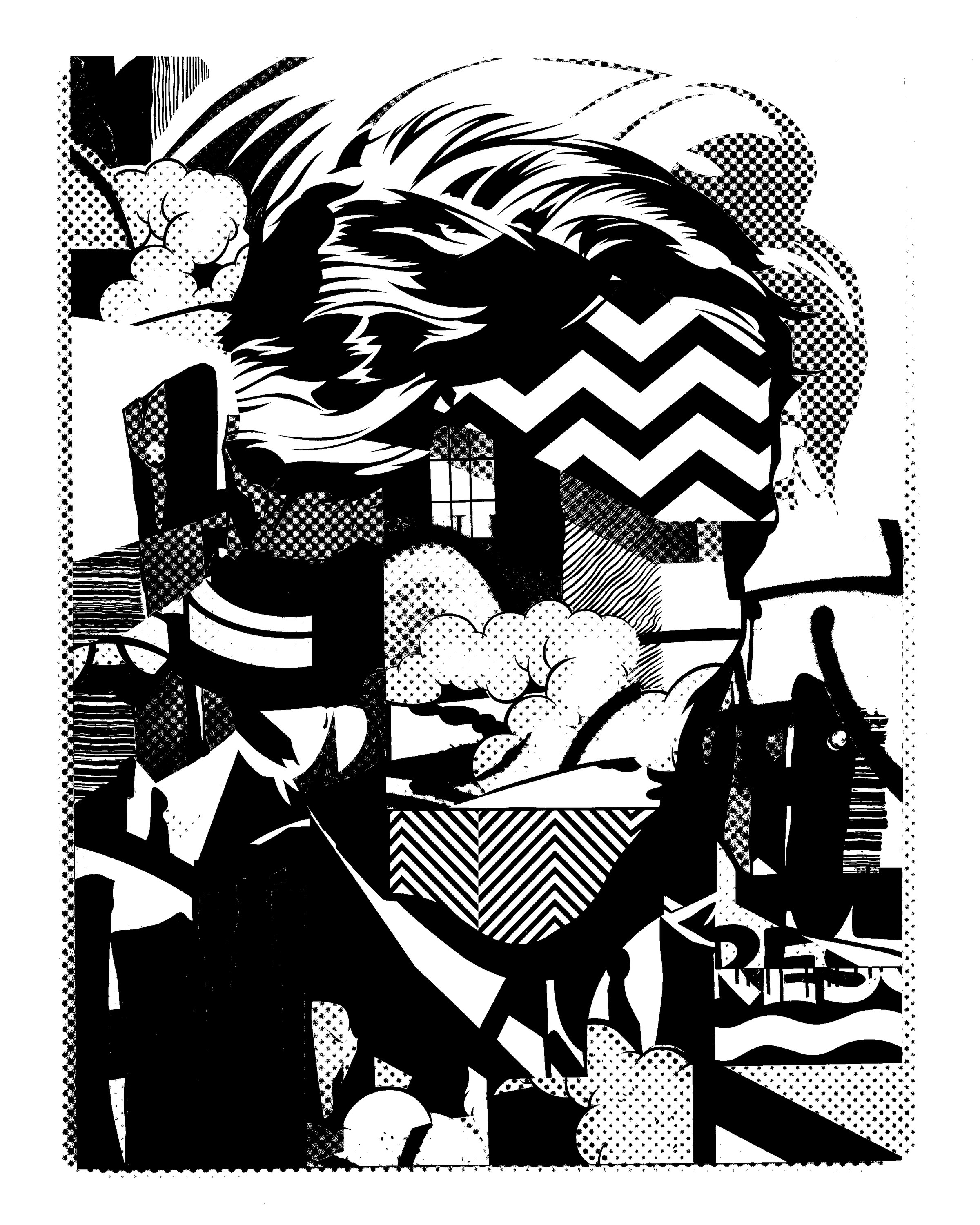 High-contrast black-and-white bitmap texture of a sponsored artist's mural