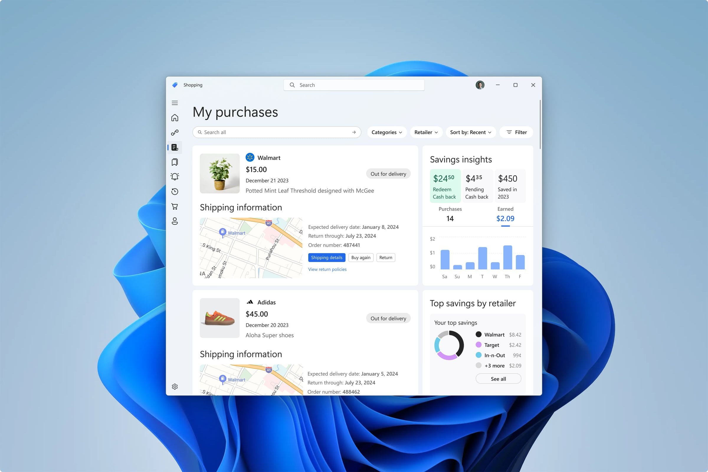 Journeys purchase support view with savings and delivery insights