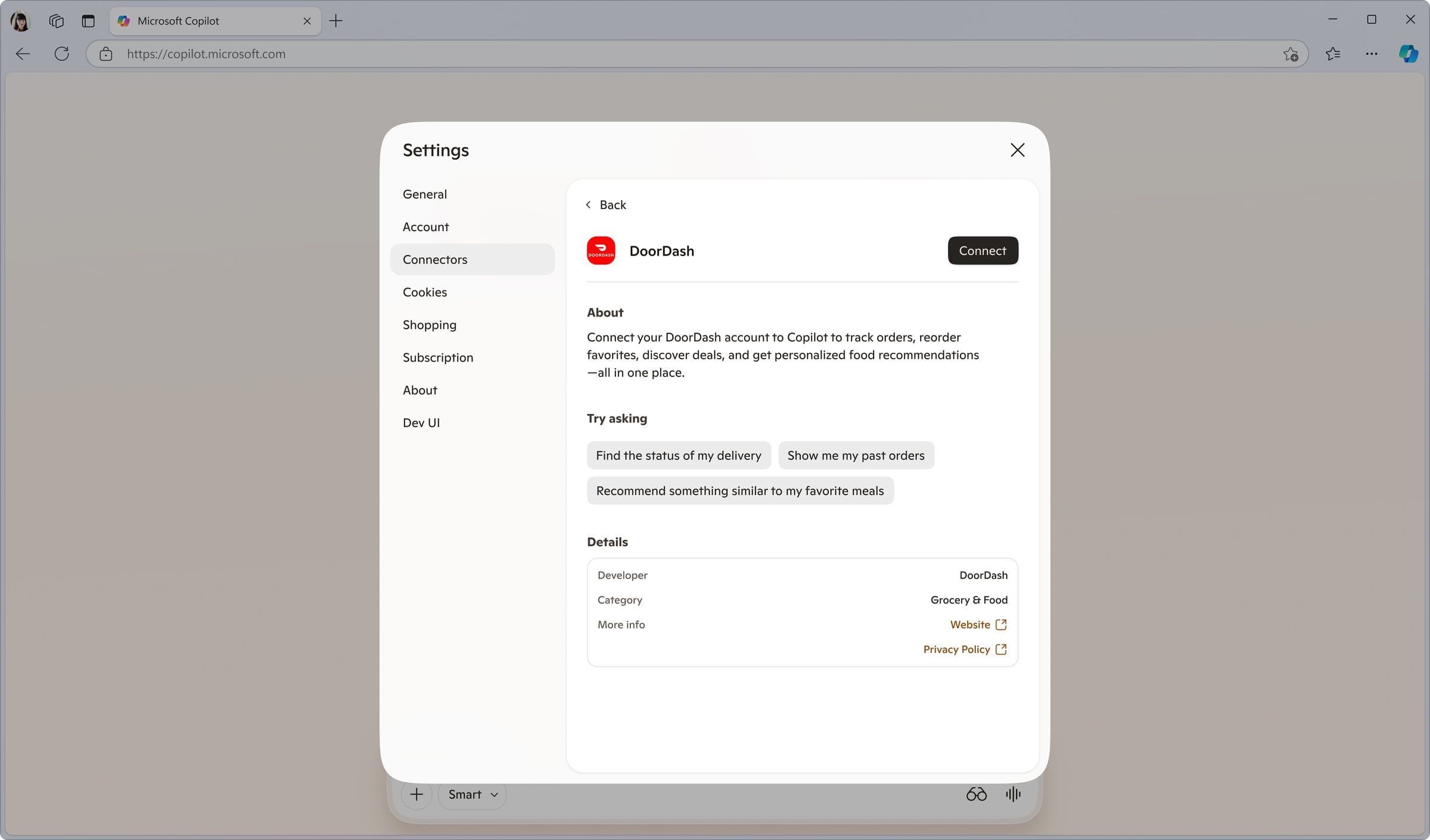 DoorDash connectors page in Copilot