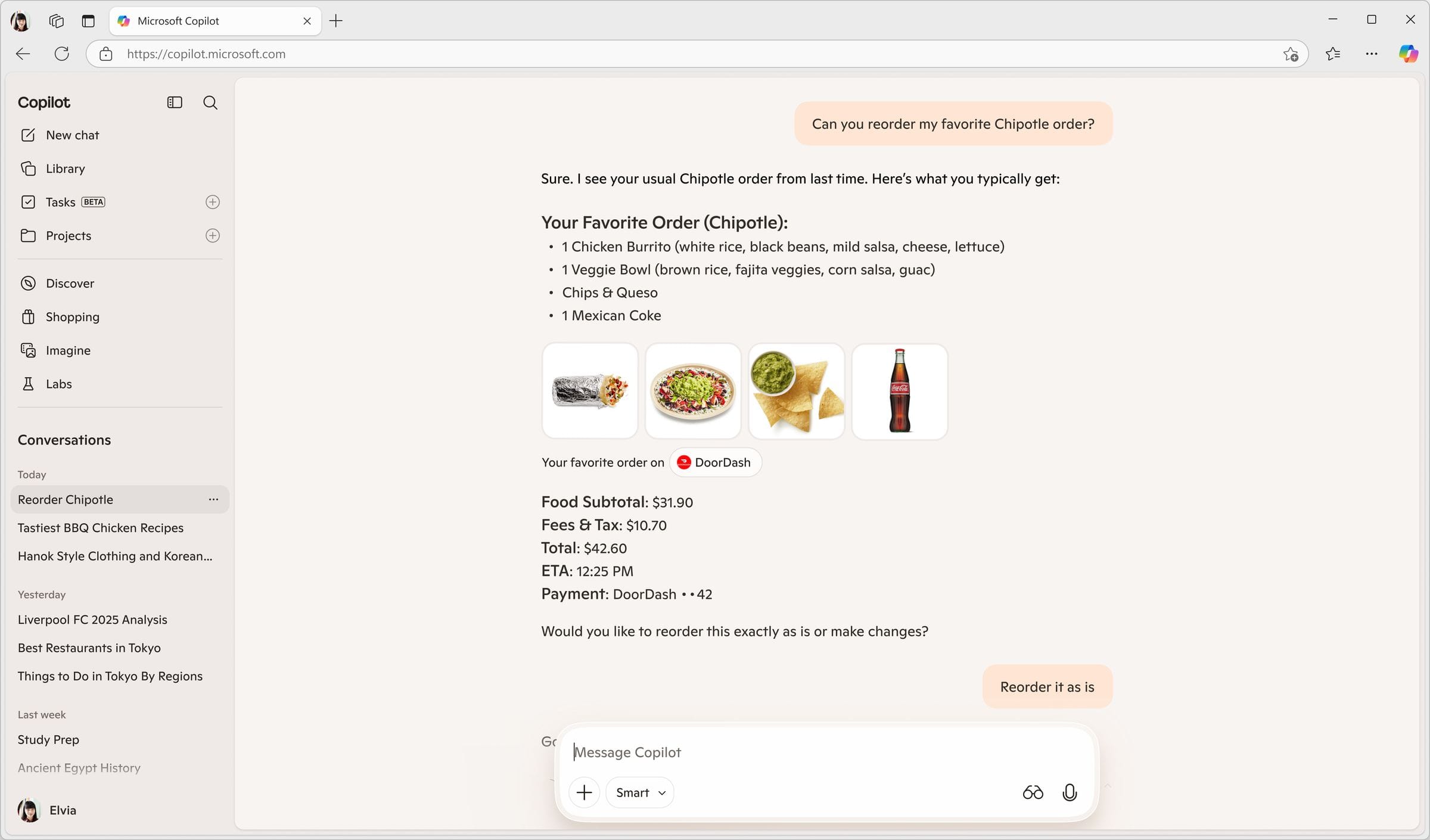 DoorDash reorder, my usual from Chipotle