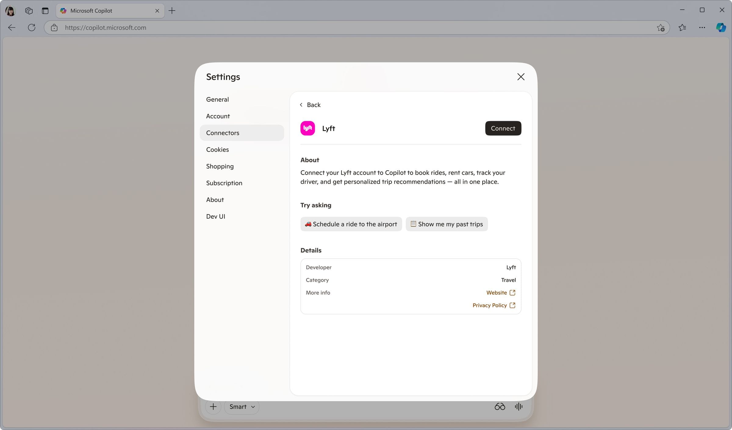 Lyft connector setup page