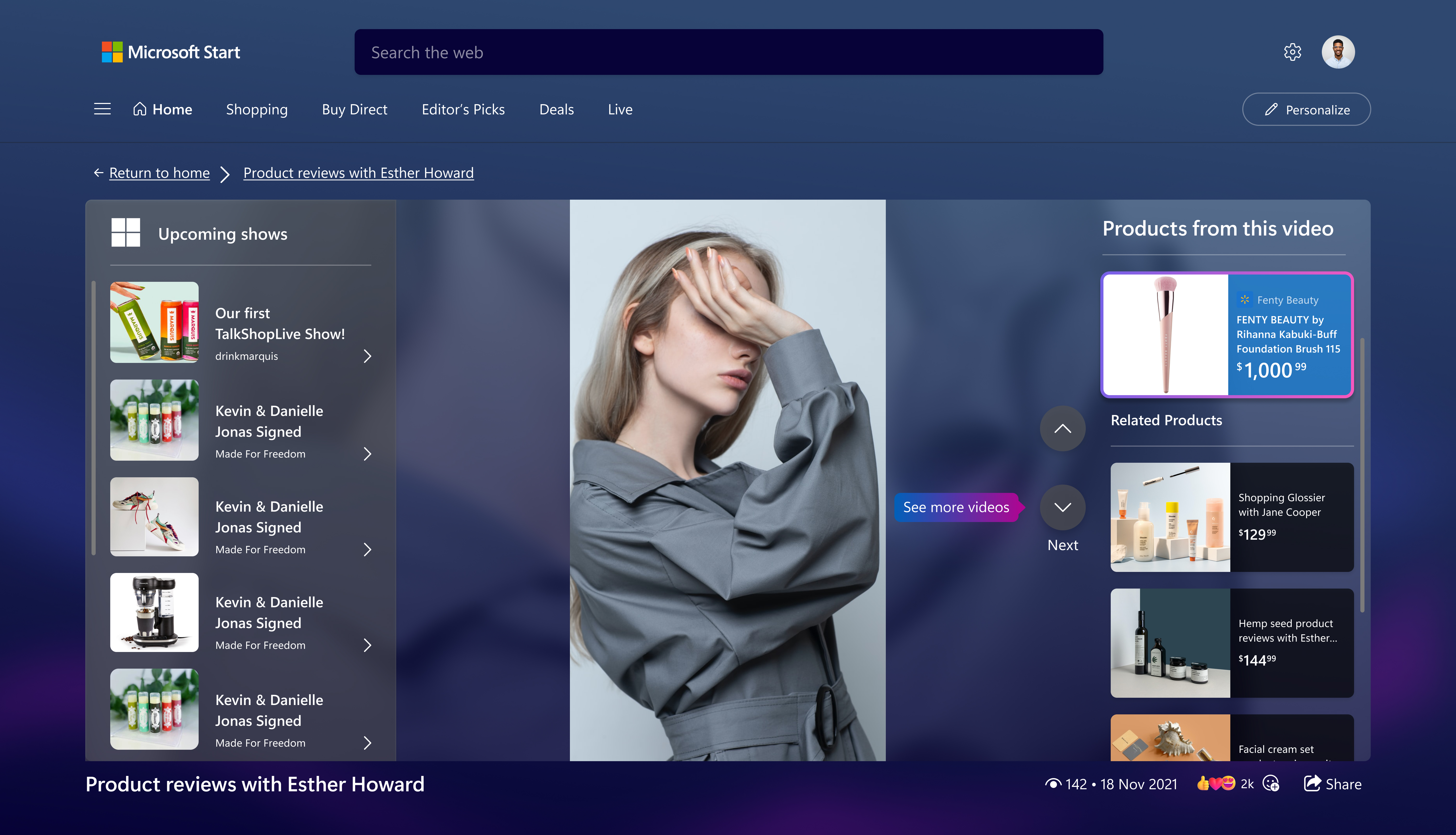 Night mode feed with live badge, chat, and engagement surfaces