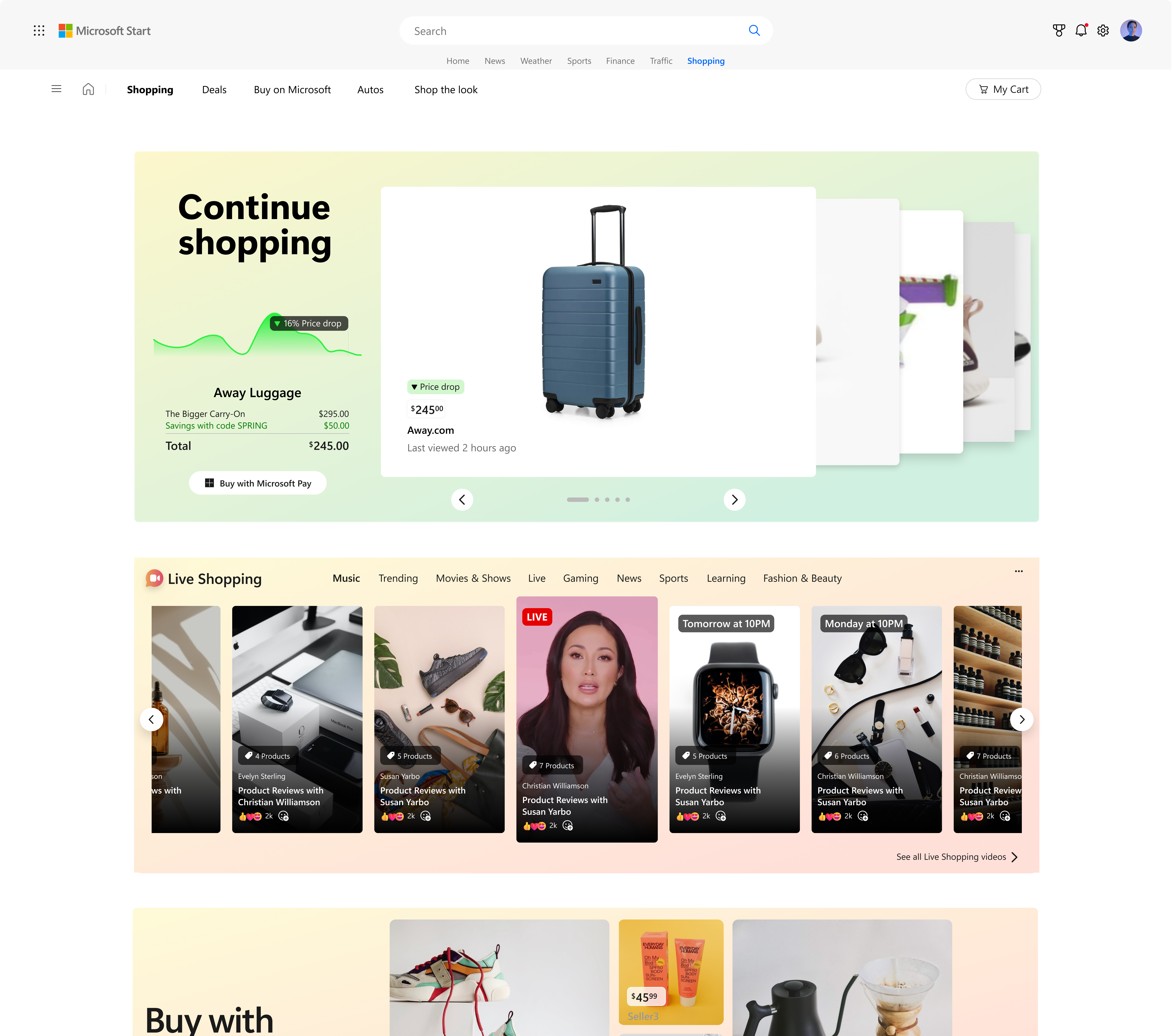 Bing Shopping homepage with video commerce entry points