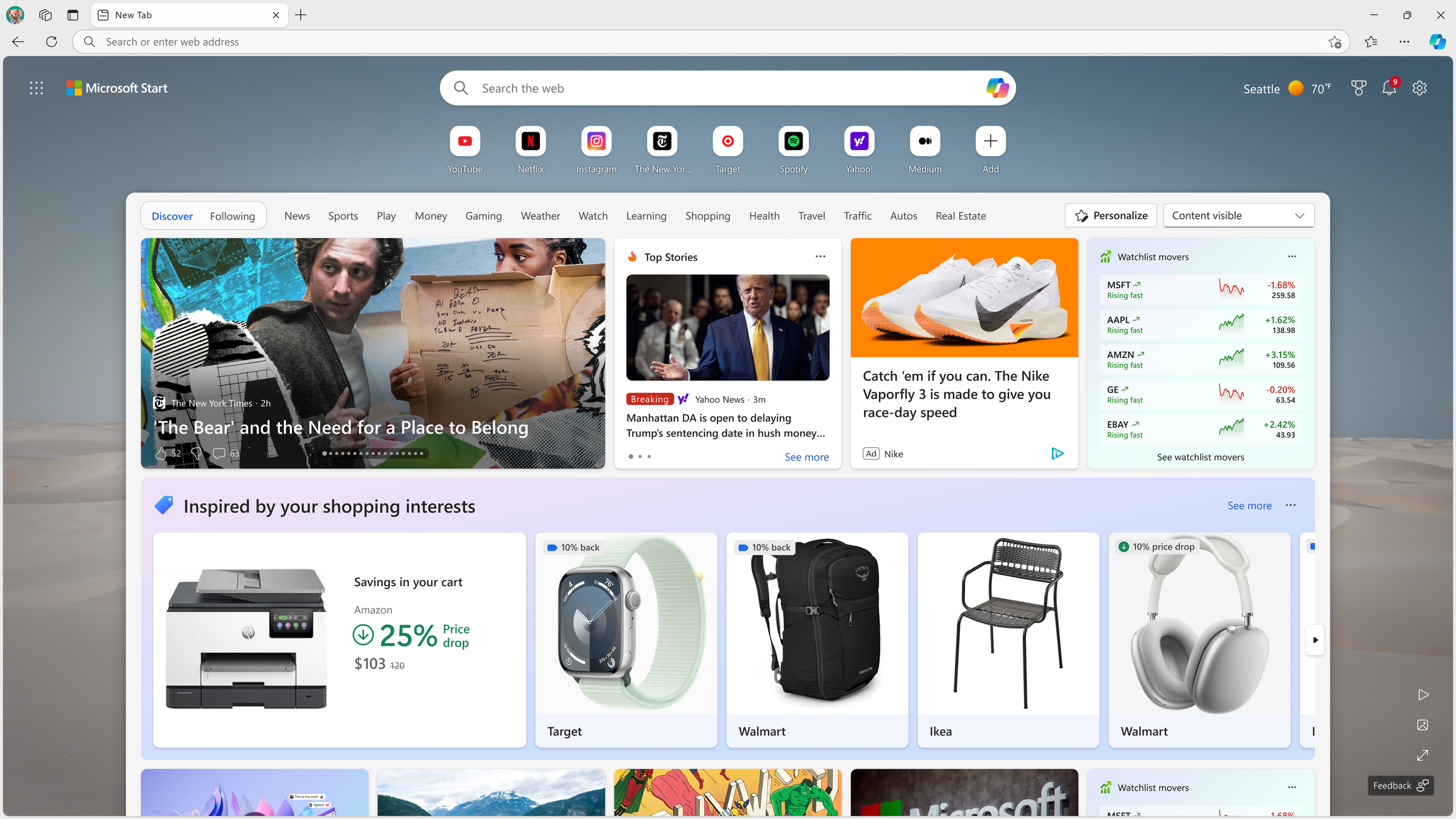 Edge New Tab Page notification surface